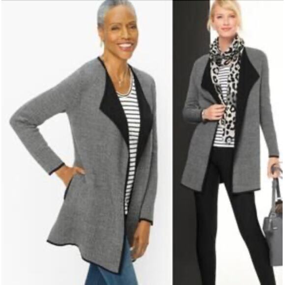 Talbots Pure Merino Wool Cardigan Sweater Gray Black Open Petite Size MP - Picture 1 of 11